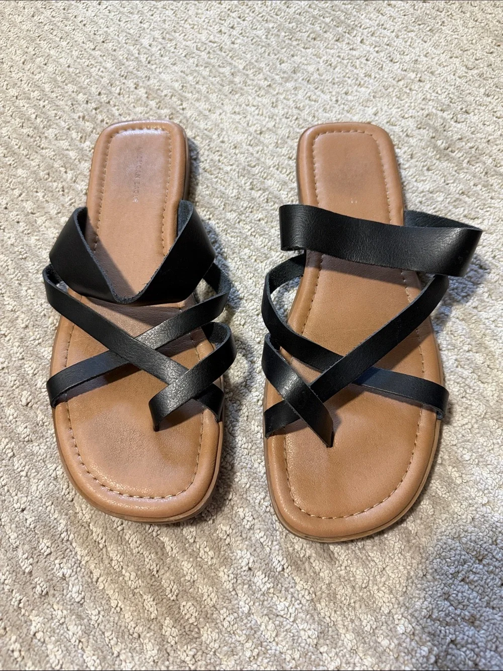 American Eagle Outfitters Black Strappy Slide Sandals with Tan Footbed